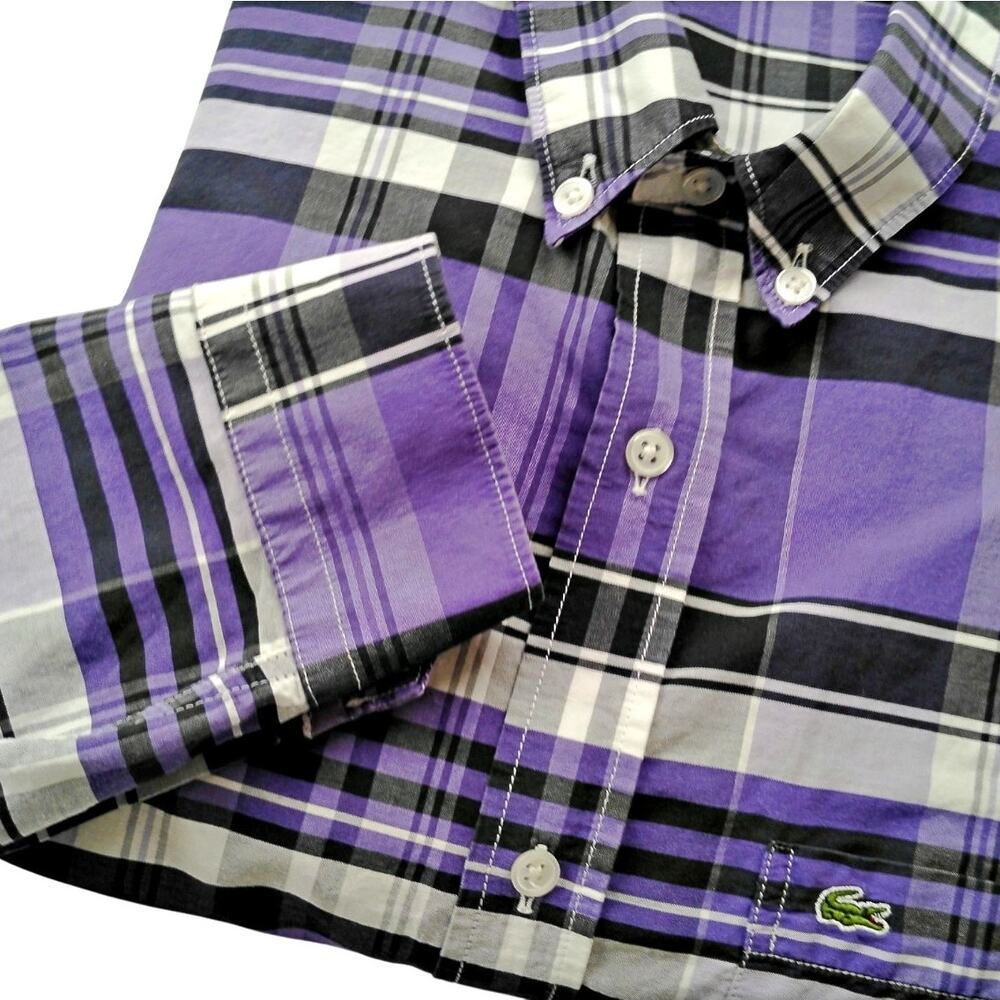 Lacoste Live Skinny Fit Purple Plaid Button Down Shirt 42 LRG Roll Up Tab Sleeve